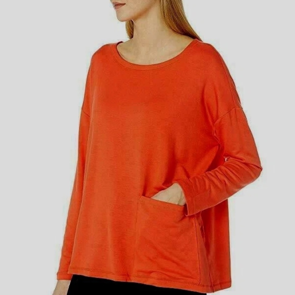 Eileen Fisher Tencel Stretch Terry Ballet Neck Tunic in Hot Red, Size M, NWT
